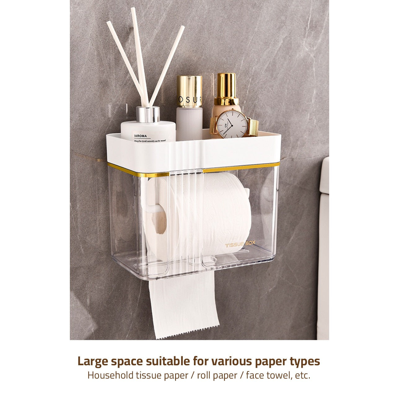 Transparent Wall-Mounted Toilet Paper Holder with Storage Shelf - for