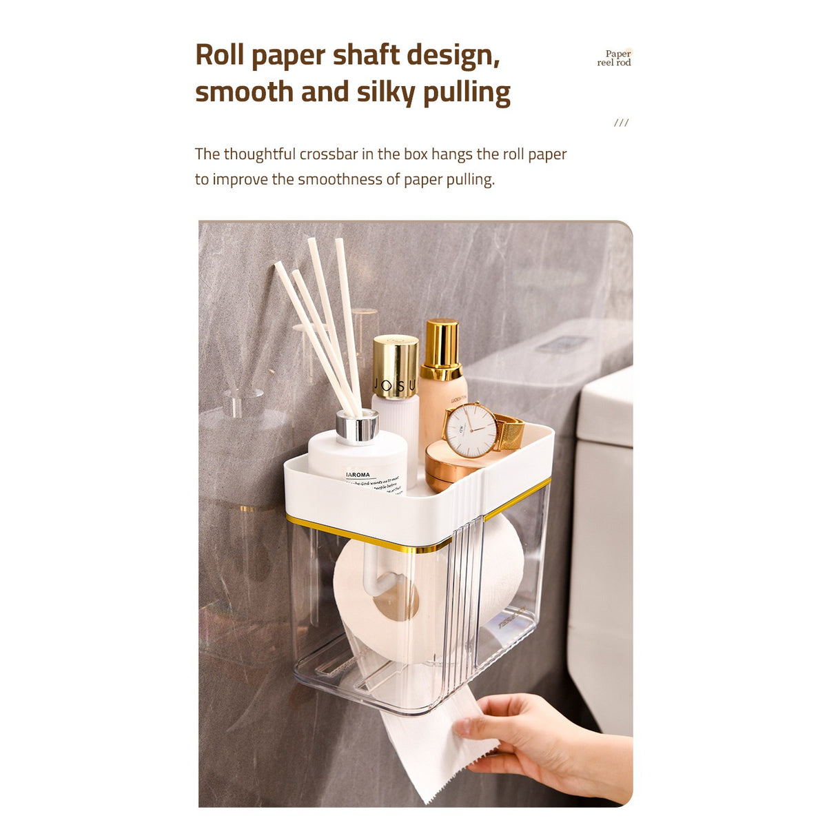 A person pulling out tissue from Transparent Wall-Mounted Toilet Paper Holder with Storage Shelf 