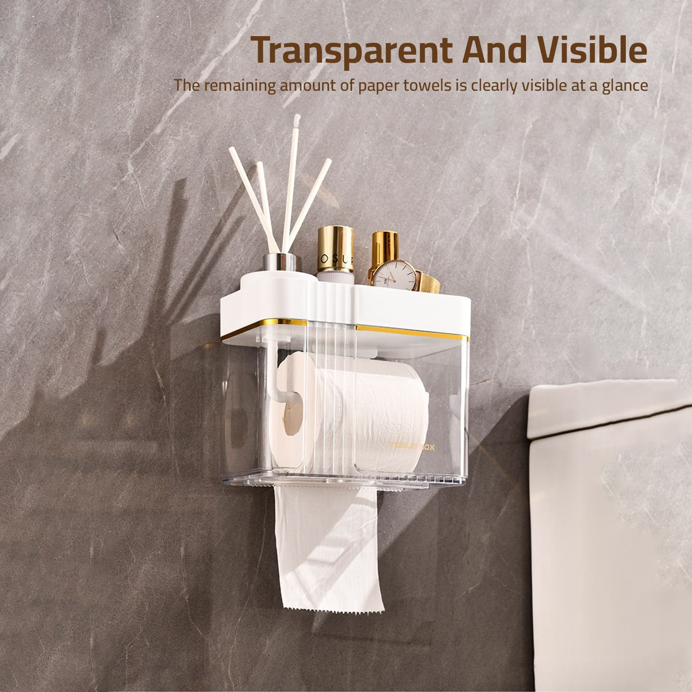 Transparent Wall-Mounted Toilet Paper Holder with Storage Shelf with tissue roll,watch and cosmetics items mounted on a bathroom wall