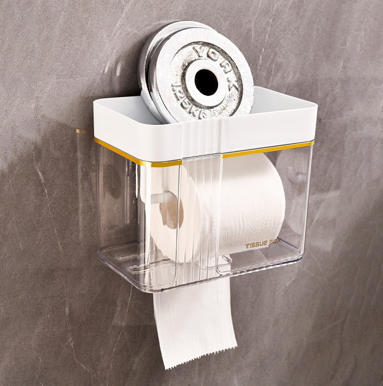 1.25 Kg dumbbell kept on top of  Transparent Wall-Mounted Toilet Paper Holder with Storage Shelf 