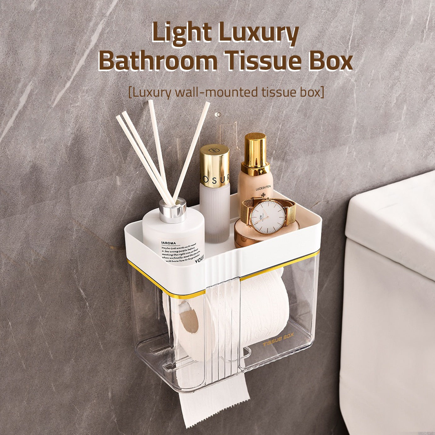 A tissue roll,watch and cosmetic items stored in a Transparent Wall-Mounted Toilet Paper Holder with Storage Shelf