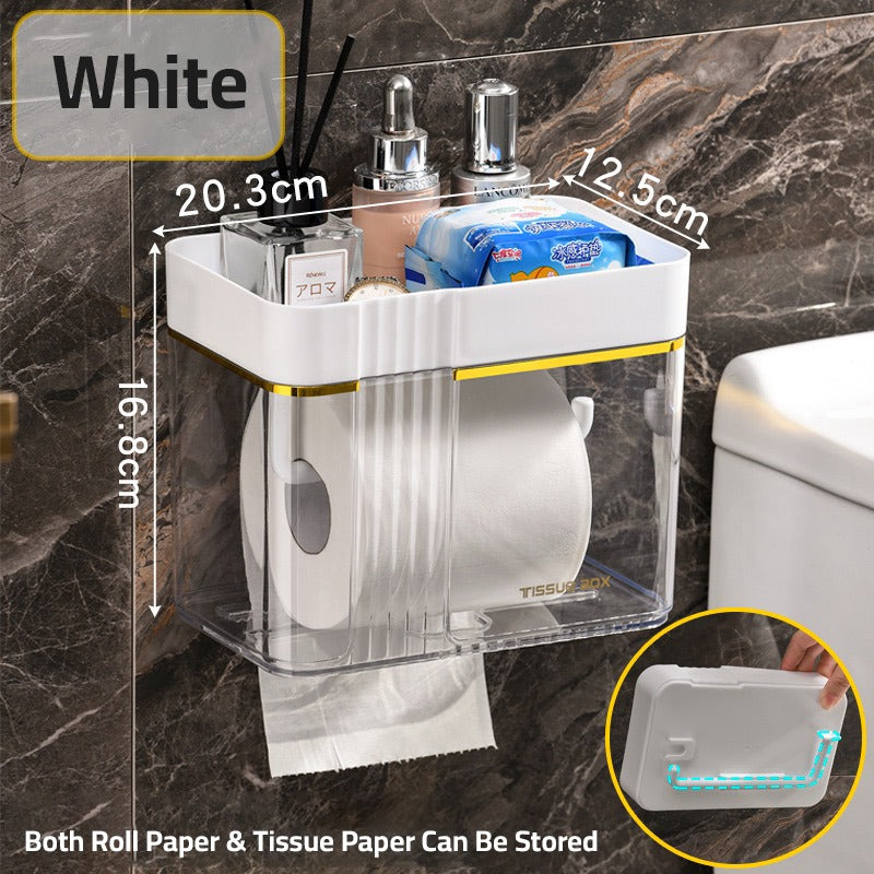 Transparent Wall-Mounted Toilet Paper Holder with Storage Shelf - White color
