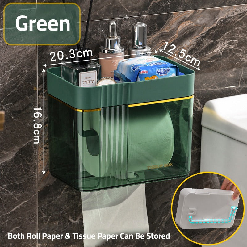 Transparent Wall-Mounted Toilet Paper Holder with Storage Shelf - Green color