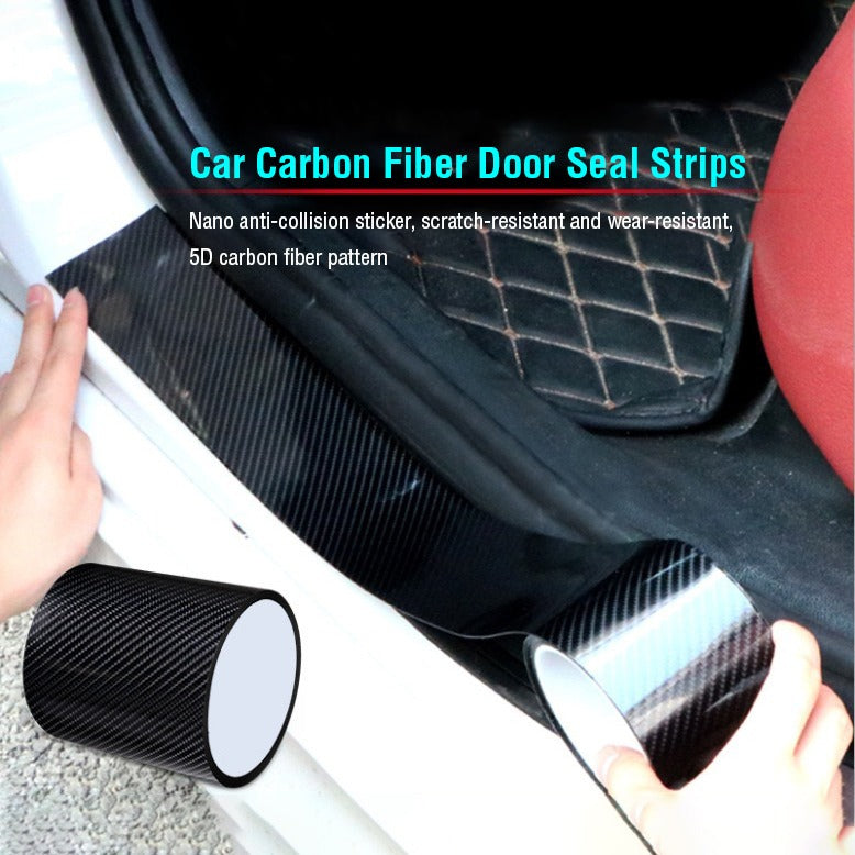 A person sticking Anti-Scratch 5D Carbon Fiber Stickers on a car foot step