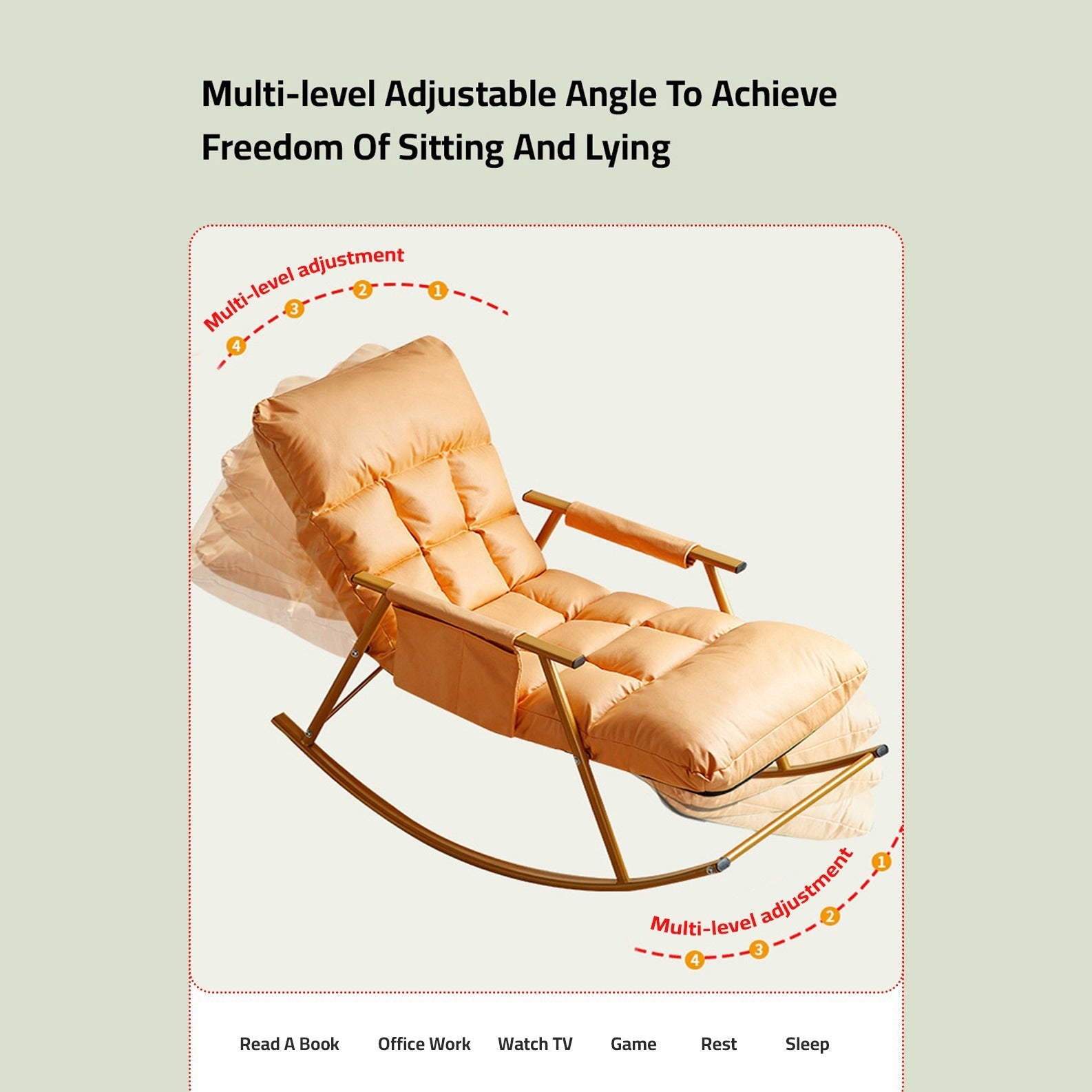 Showing Multi-level Adjustable Angle Feature of rocking chair