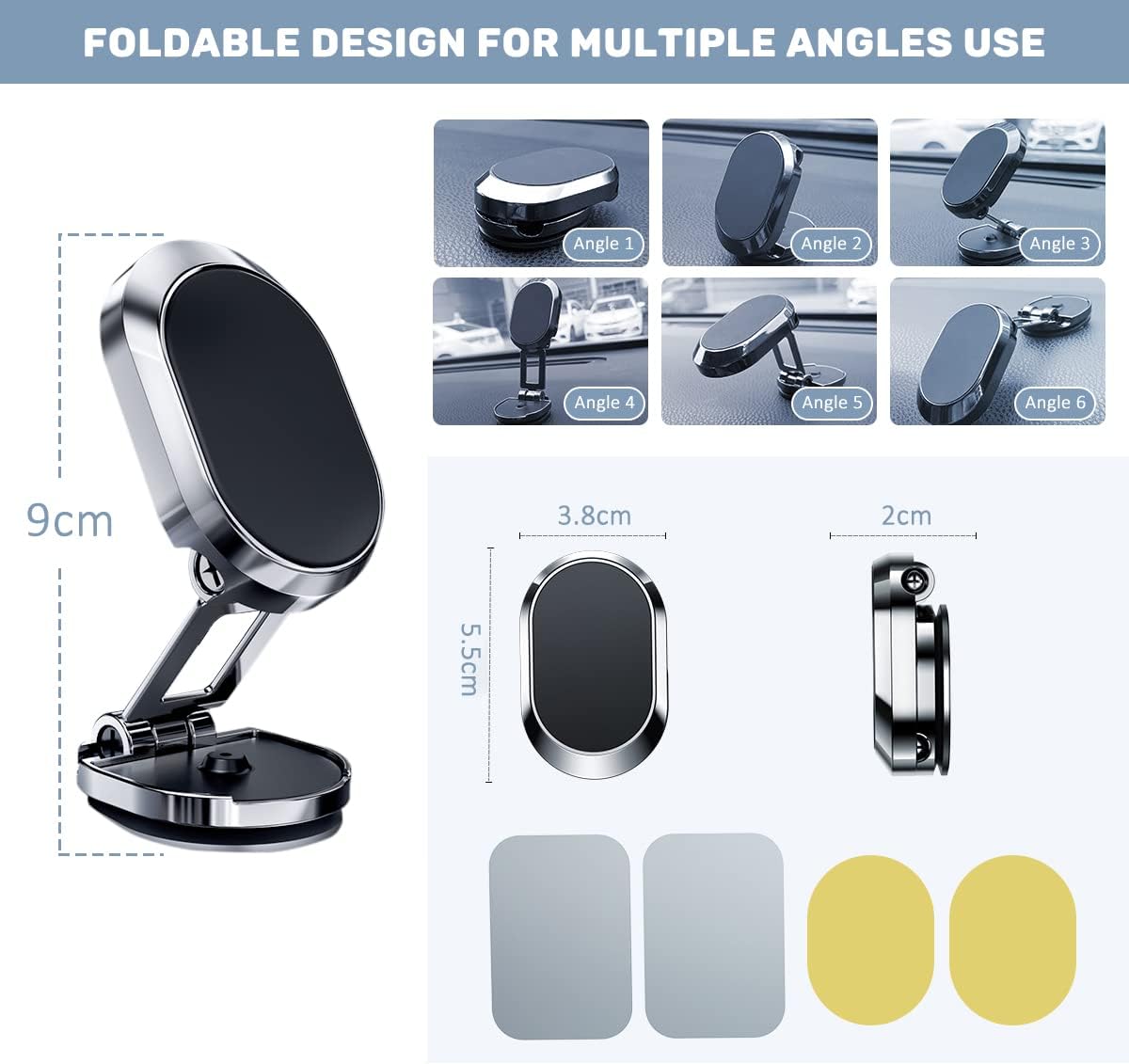 Image shows the size and angle of Car Mobile Phone Holder along with magnetic sticker 