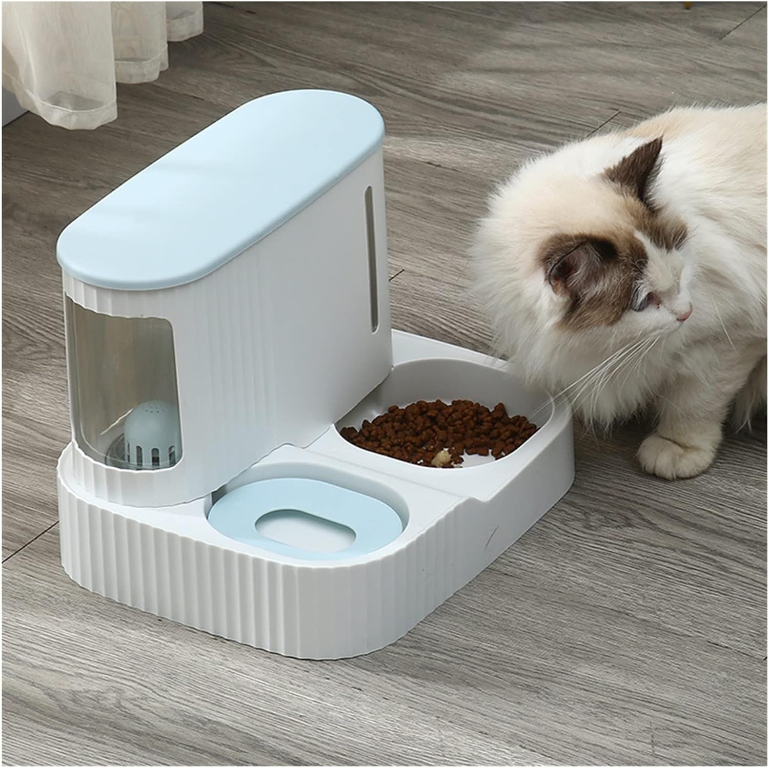 Automatic Pet Feeder & Water Dispenser placed beside to a cat on a grey color floor 