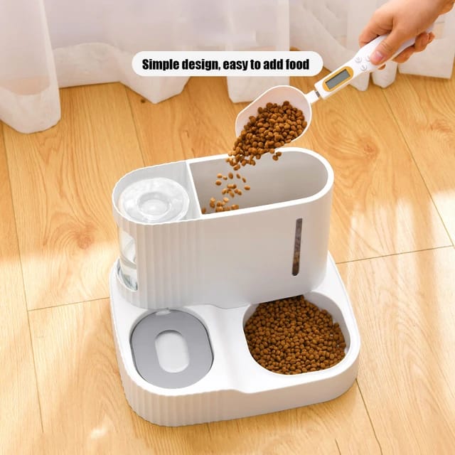 A person adding more grains into an Automatic Pet Feeder & Water Dispenser placed on a wooden floor