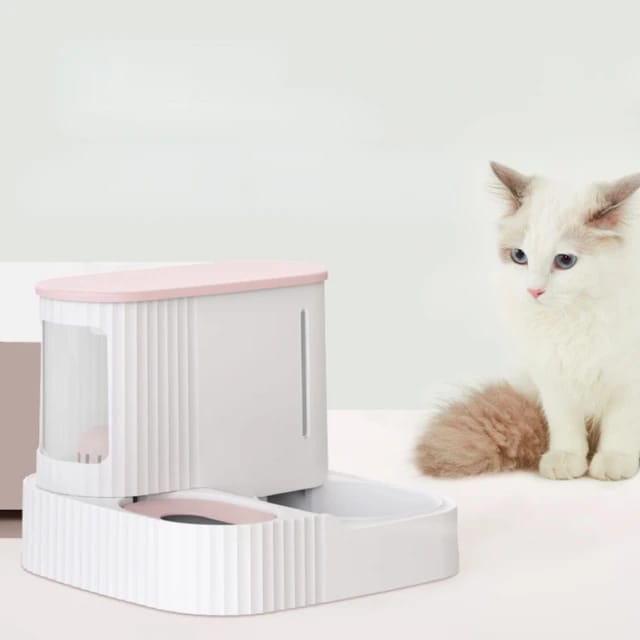 A Cat looking at a pink color Automatic Pet Feeder & Water Dispenser