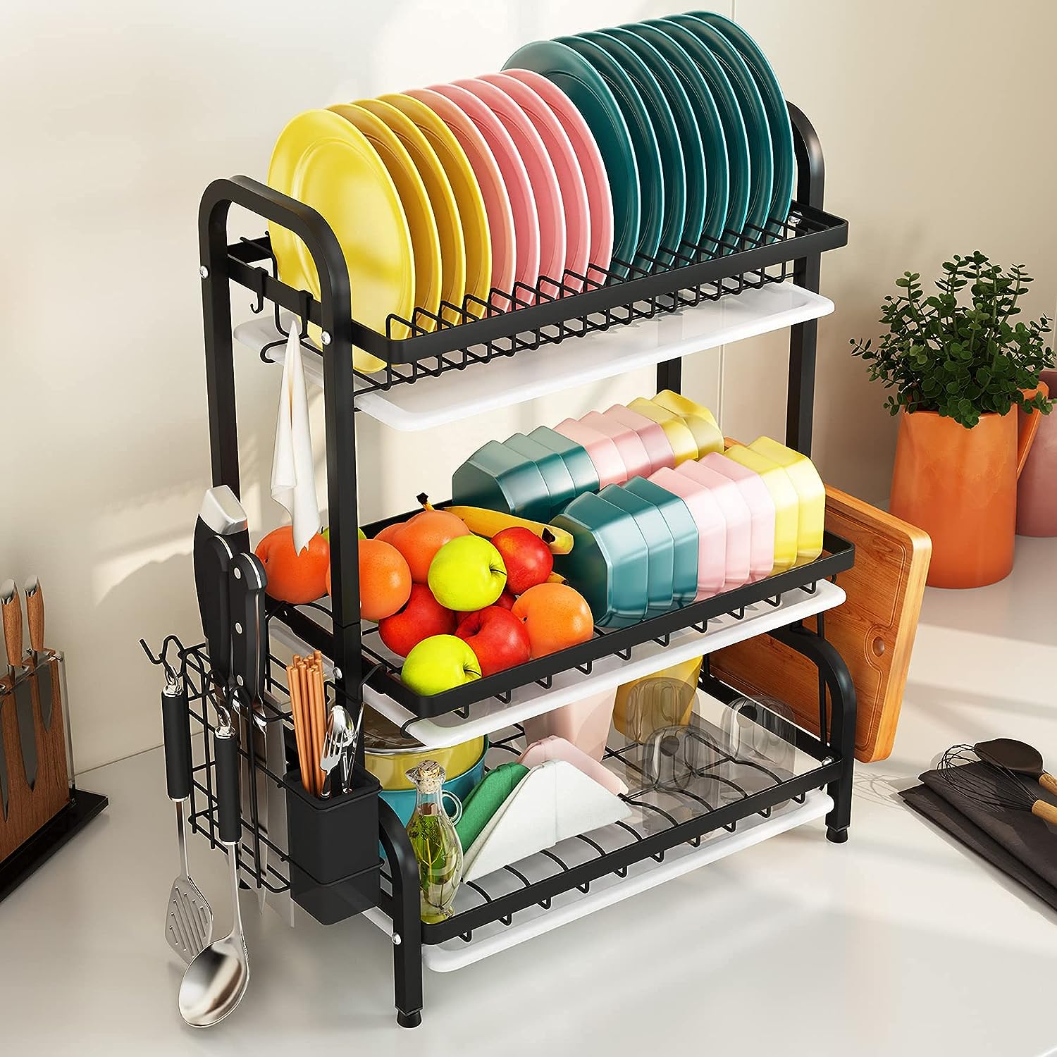 Kitchen Dish Drying Rack with items in it, placed in the kitchen