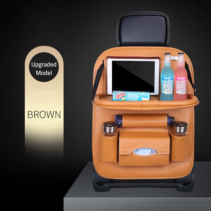 Showcasing Brown color Car Seat Back Organizer neatly organized with water bottle,I-pad, beverages and tissue