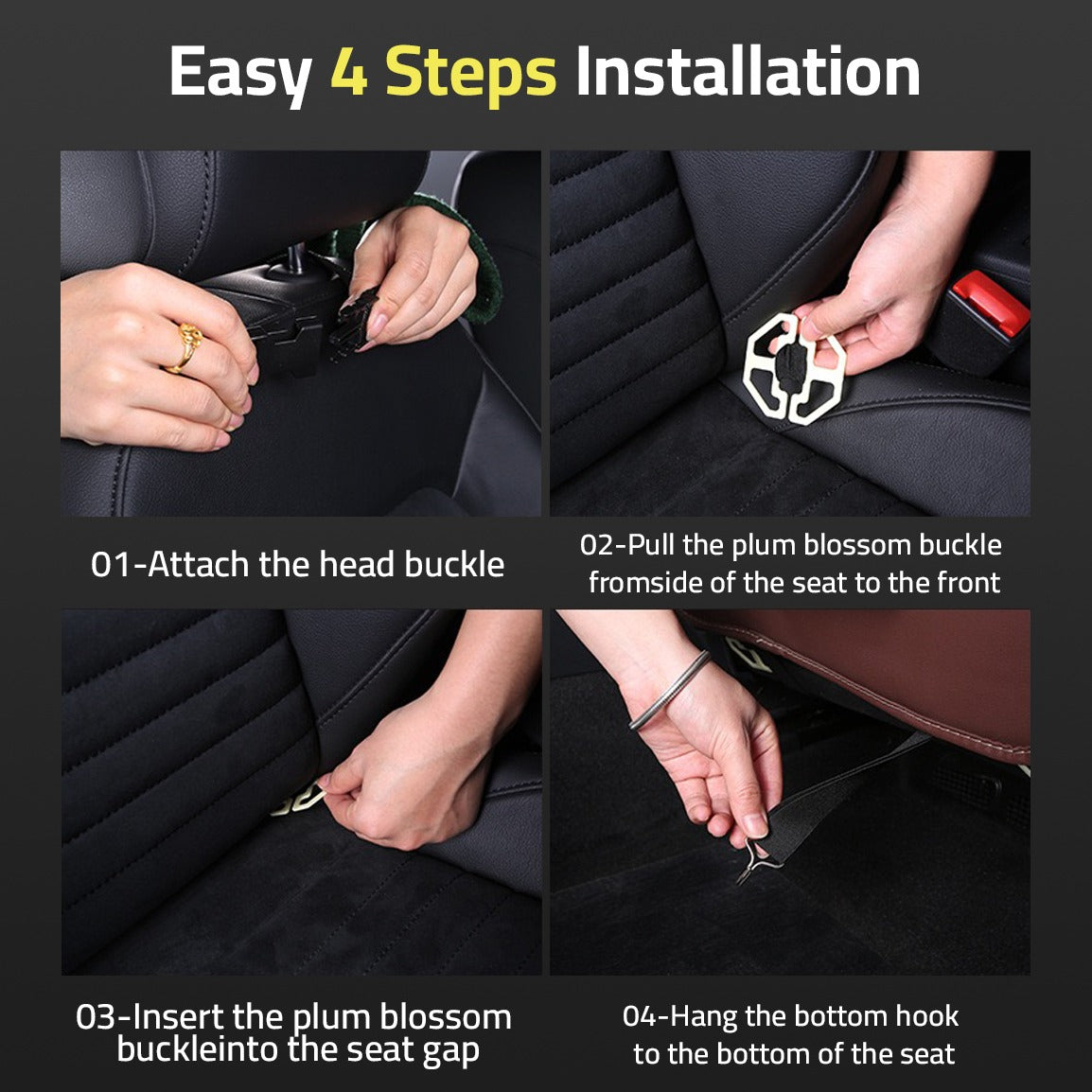 Image shows the 4 steps of installing Car Seat Back Organizer
