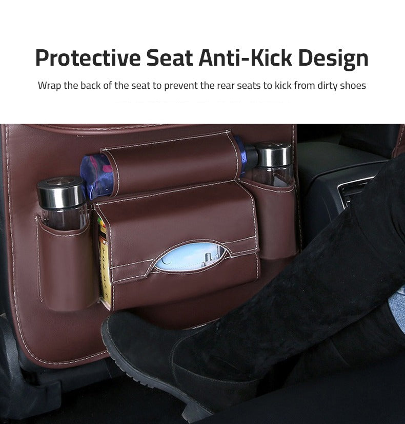 Showcasing water bottle and tissue holder on Car Seat Back Organizer next a foot of person