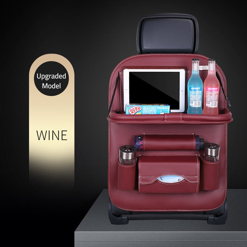 Showcasing Wine color Car Seat Back Organizer neatly organized with water bottle,I-pad, beverages and tissue
