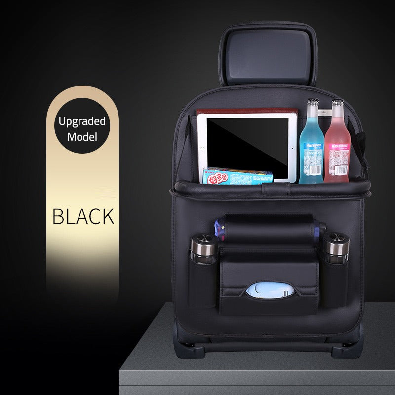 Showcasing Black color Car Seat Back Organizer neatly organized with water bottle,I-pad, beverages and tissue