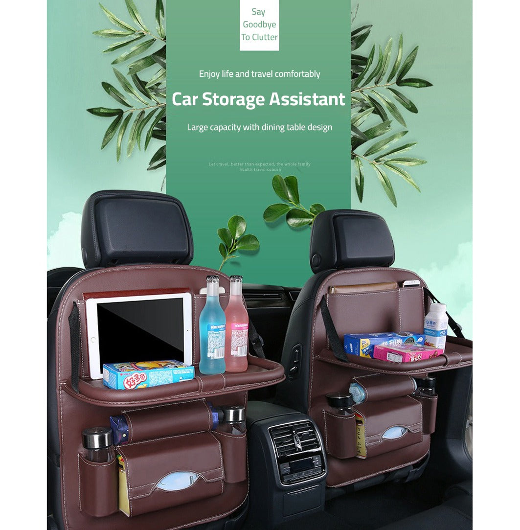 Snacks,beverages and mobile neatly organized in Car Seat Back Organizer installed on two seats of a car