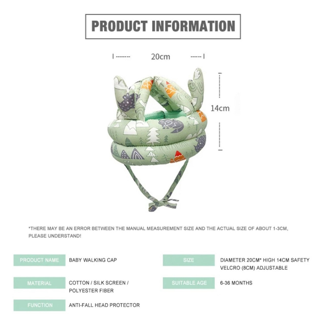 Displaying the information about Baby Walking Cap along with size