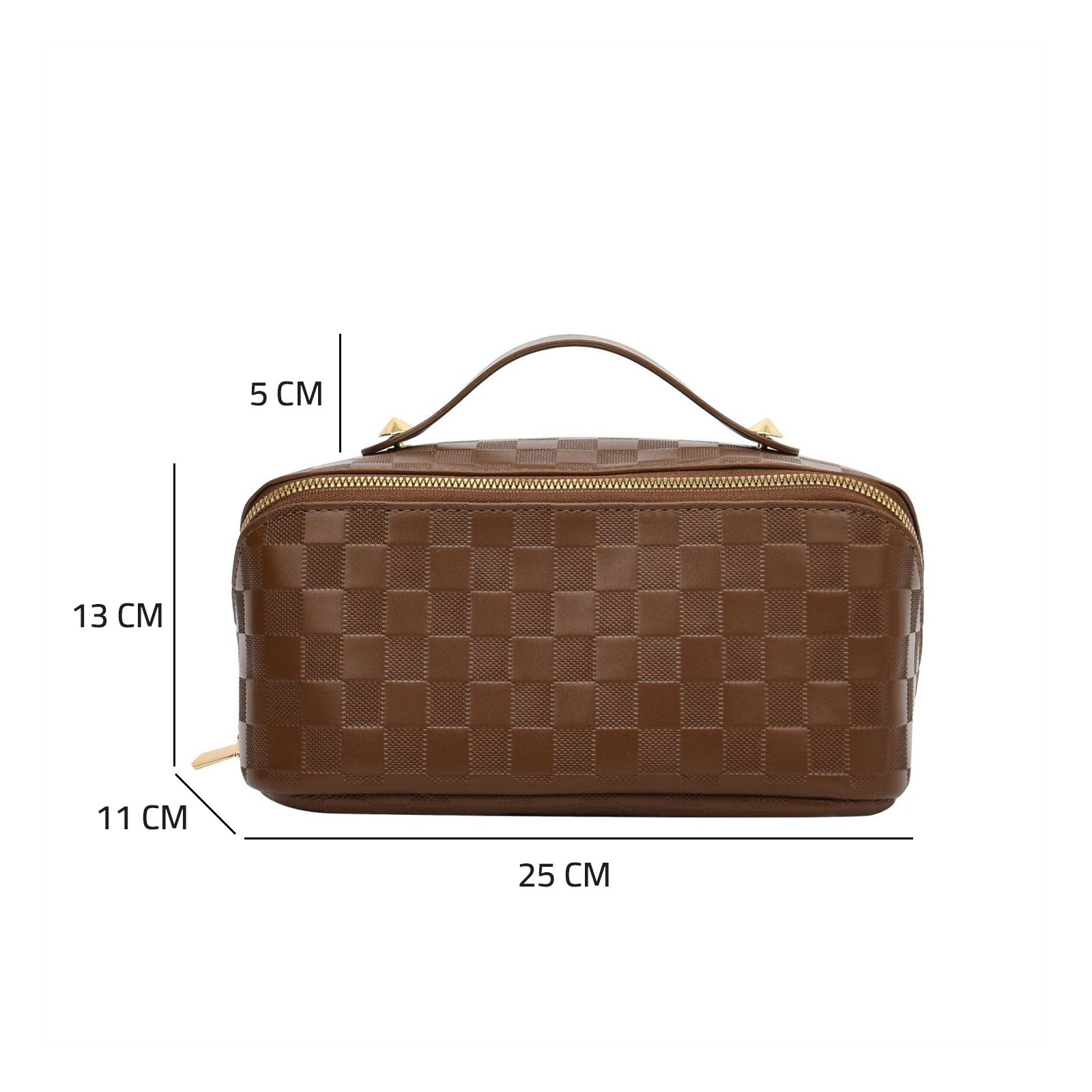 Showcasing Brown color Cosmetic Bag by mentioning it's size 