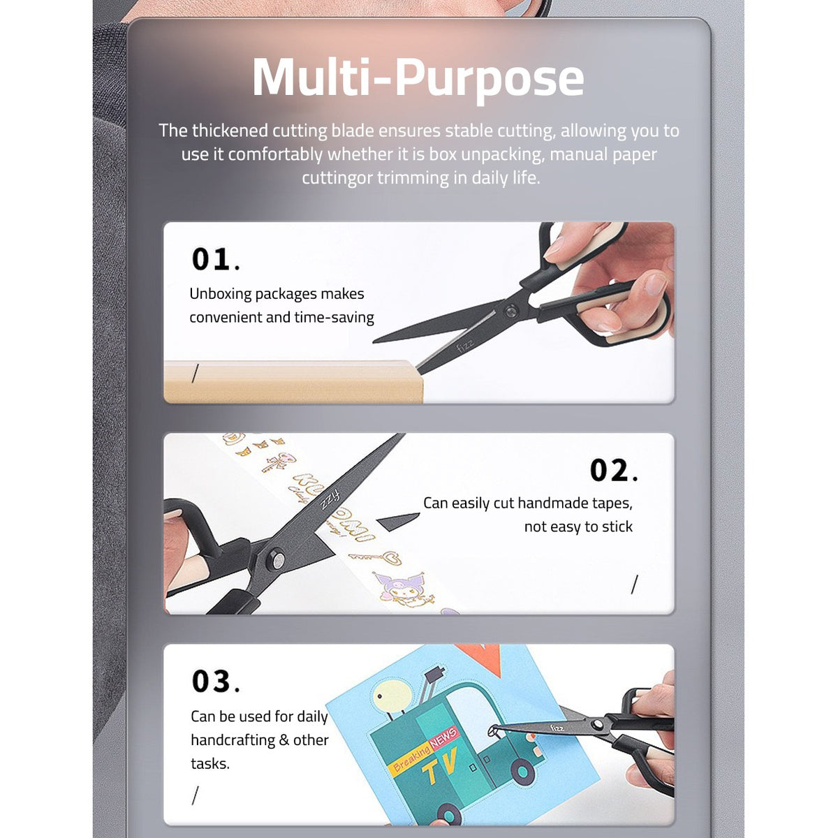 Collage image displaying the multi-purpose of Scissors with Paper Cutting Blade