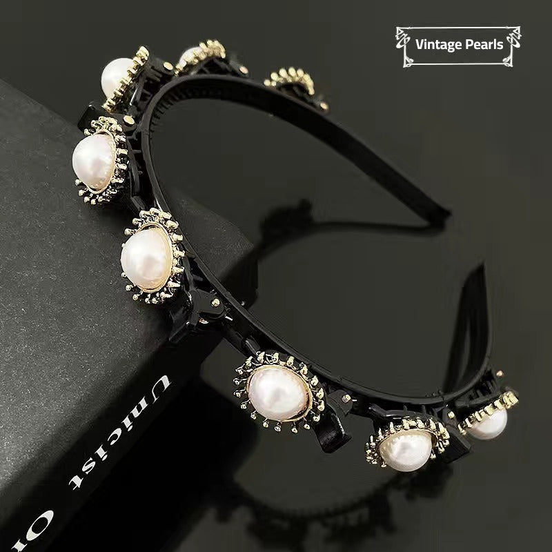 Double Bangs Hairstyle Headband in Vintage Pearls design 