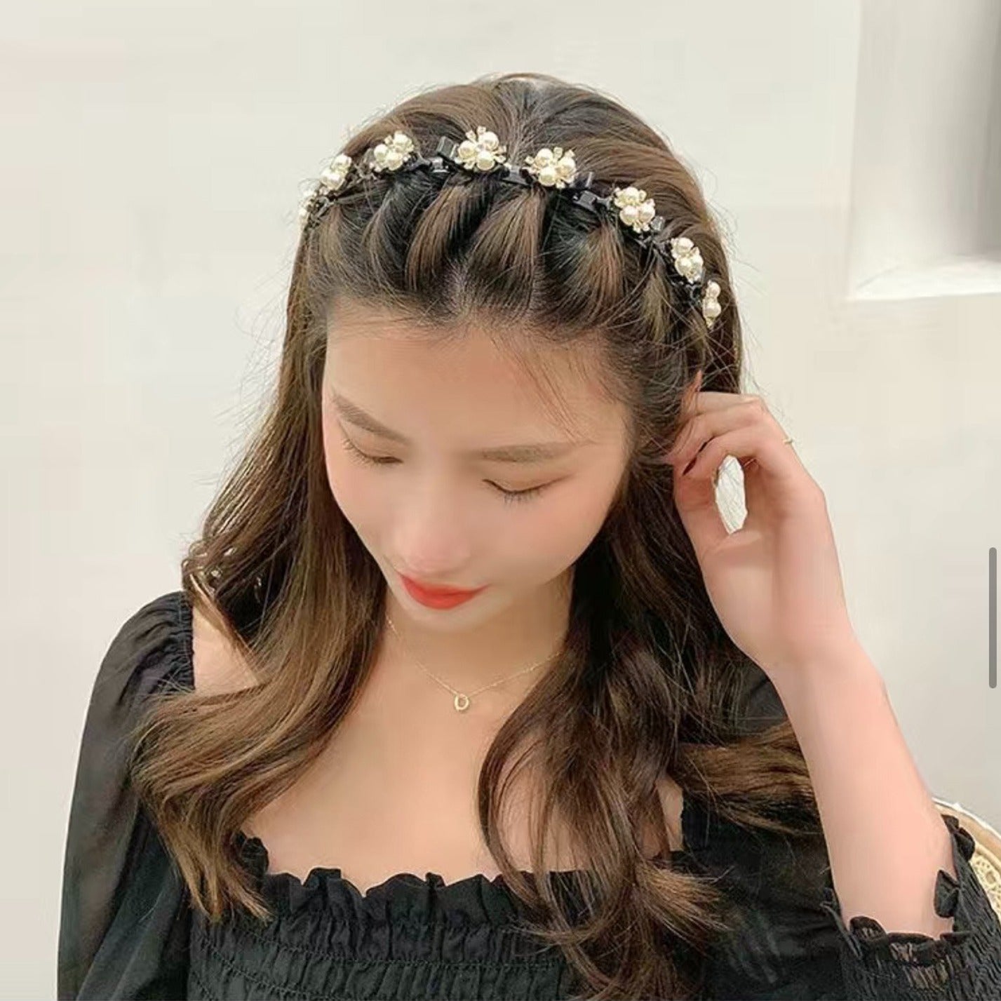 A lady worn Double Bangs Hairstyle Headband