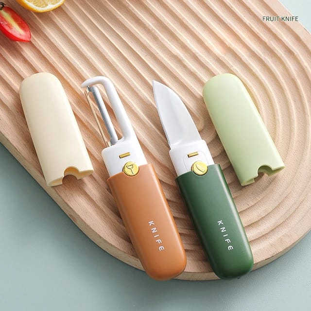 Showcasing 2 in 1 Knife and Peeler in 2 different colors exposing it's both side of peeler and knife 