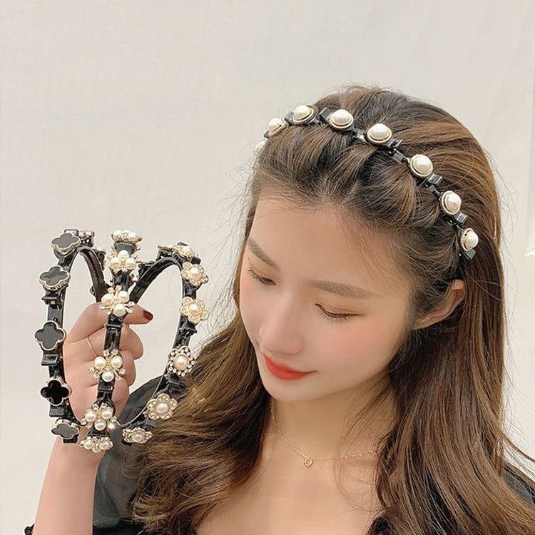 A lady worn Double Bangs Hairstyle Headband,also at the same time she holds 3 headbands in different designs 