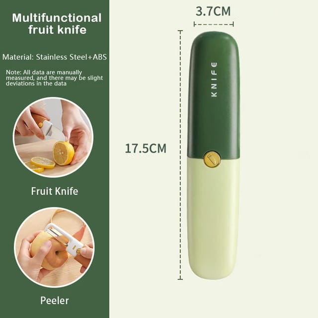 Showcasing Green color 2 in 1 Knife and Peeler along with it's size