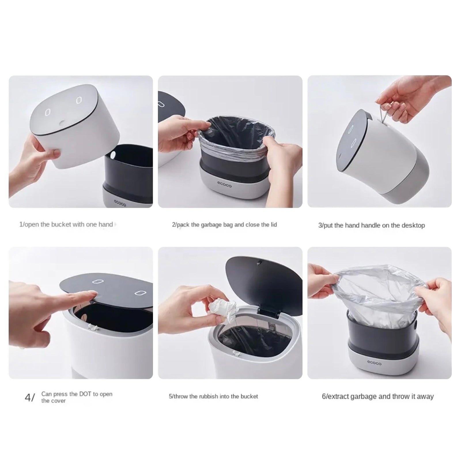 Image showing the instructions to use the Mini Desktop Waste Bin