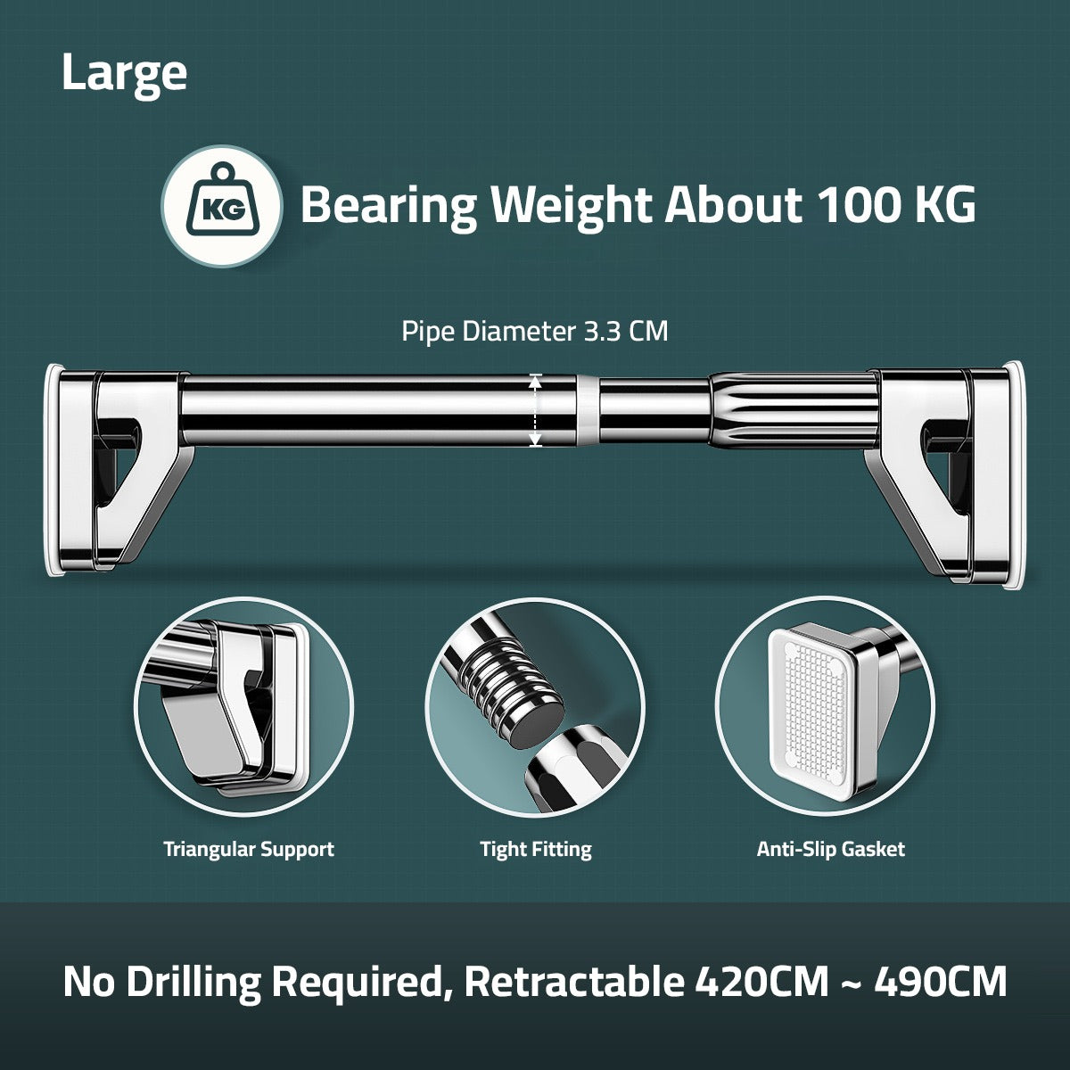 Image displaying the features of Large size Extendable Tension Rod