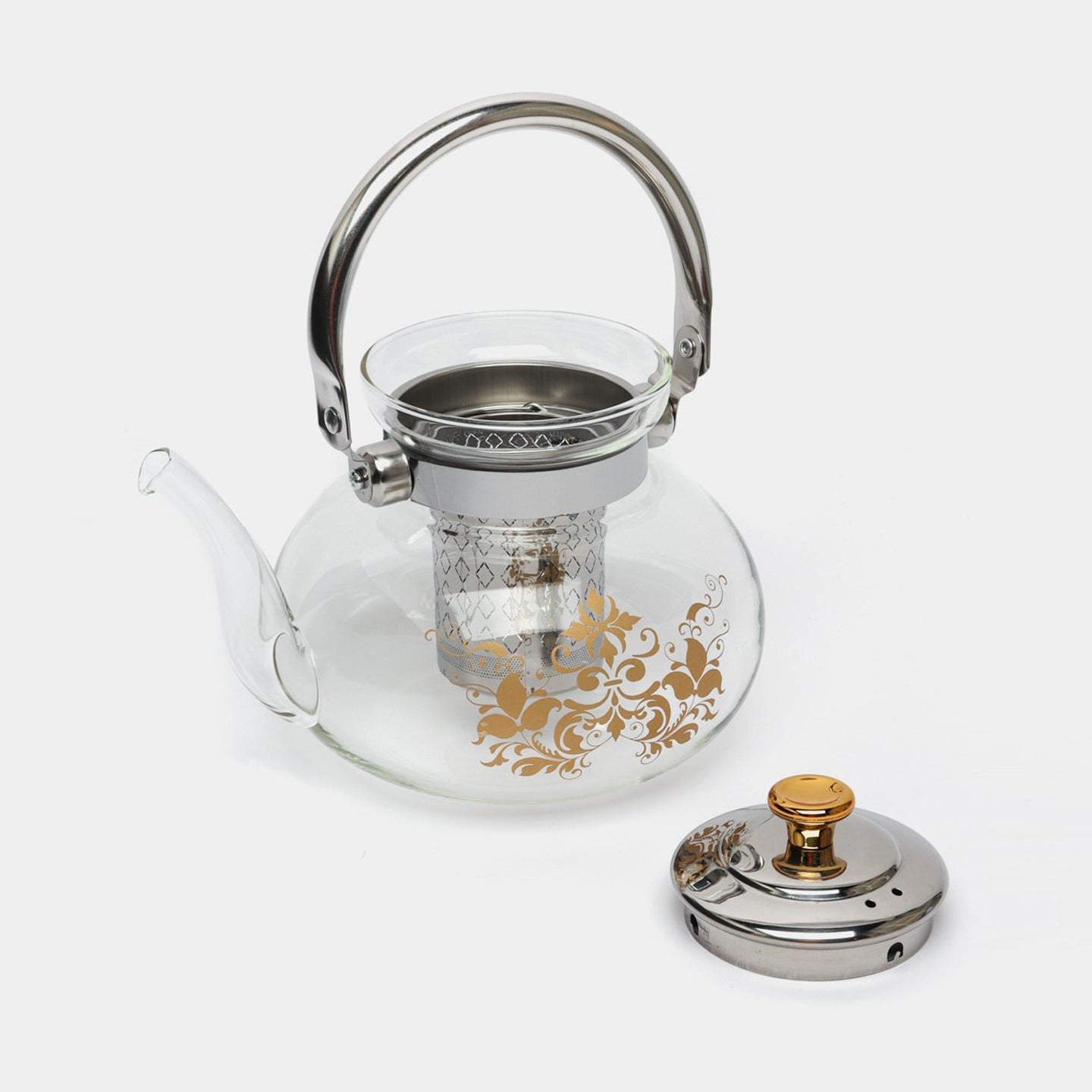 Showcasing Glass coffee Tea Pot with lid open and kept beside 