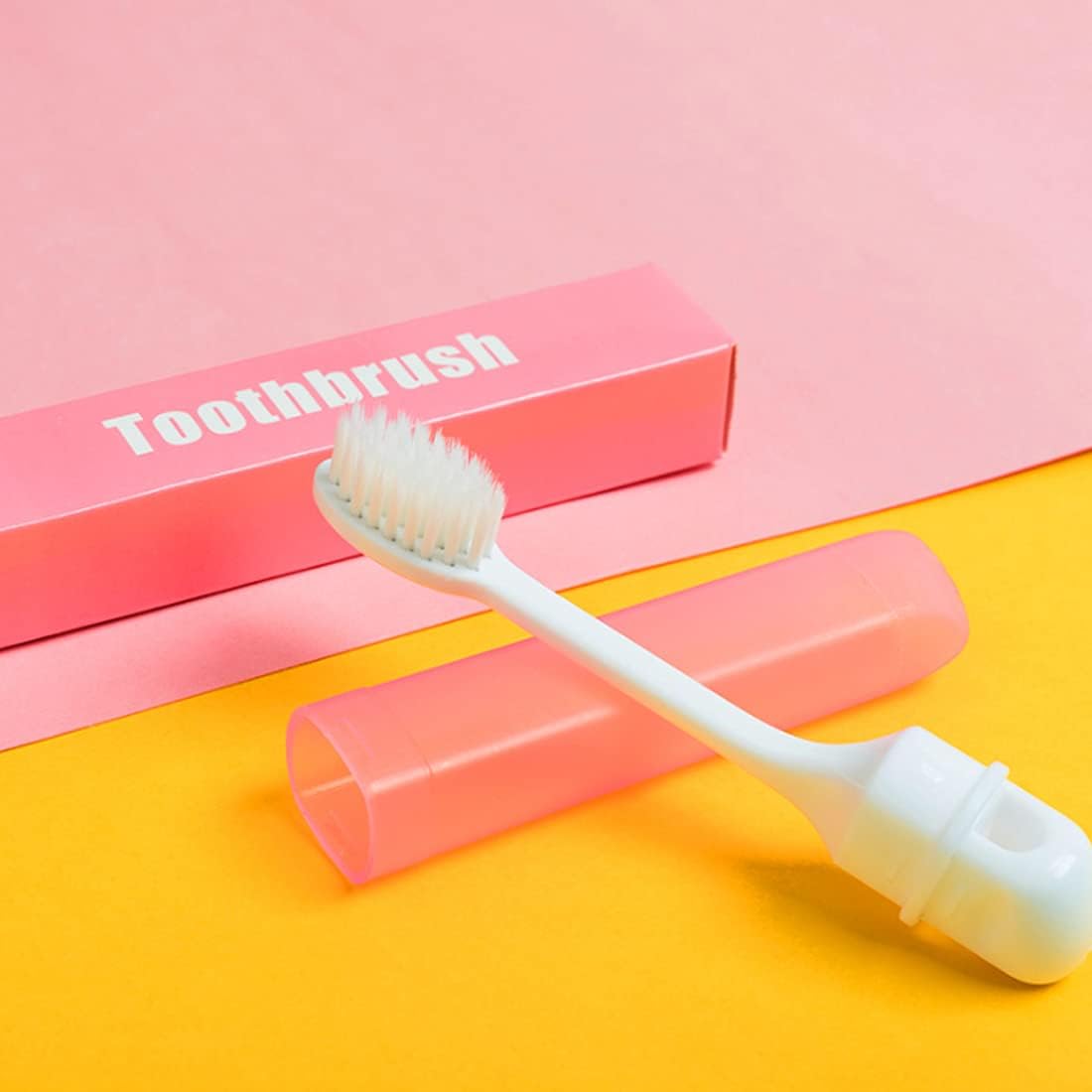 Showcasing a Pink Color Foldable Toothbrush and its cover/handle separately along with its box