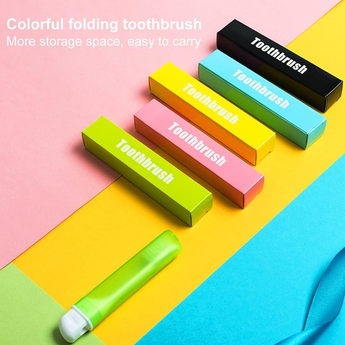 Showcasing a Green Color Foldable Toothbrush in a folded form along with the boxes of all color variants 