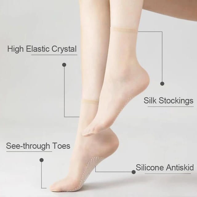 Image shows A lady worn Transparent Clear Socks along with the features of socks 