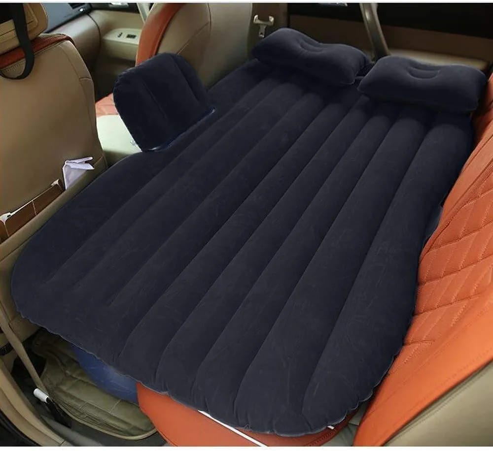 Black color Inflatable Car Bed with pillows arranged in a car ready for use