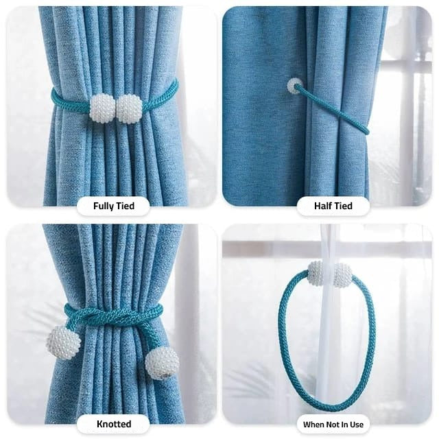Collage image showing the shape of Magnetic Curtain Binding Rope in 3 different styles used to tie and 1 without use