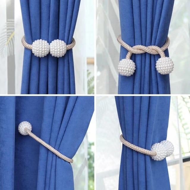 Collage image shows Magnetic Curtain Binding Rope used to tie curtain in 4 different styles 