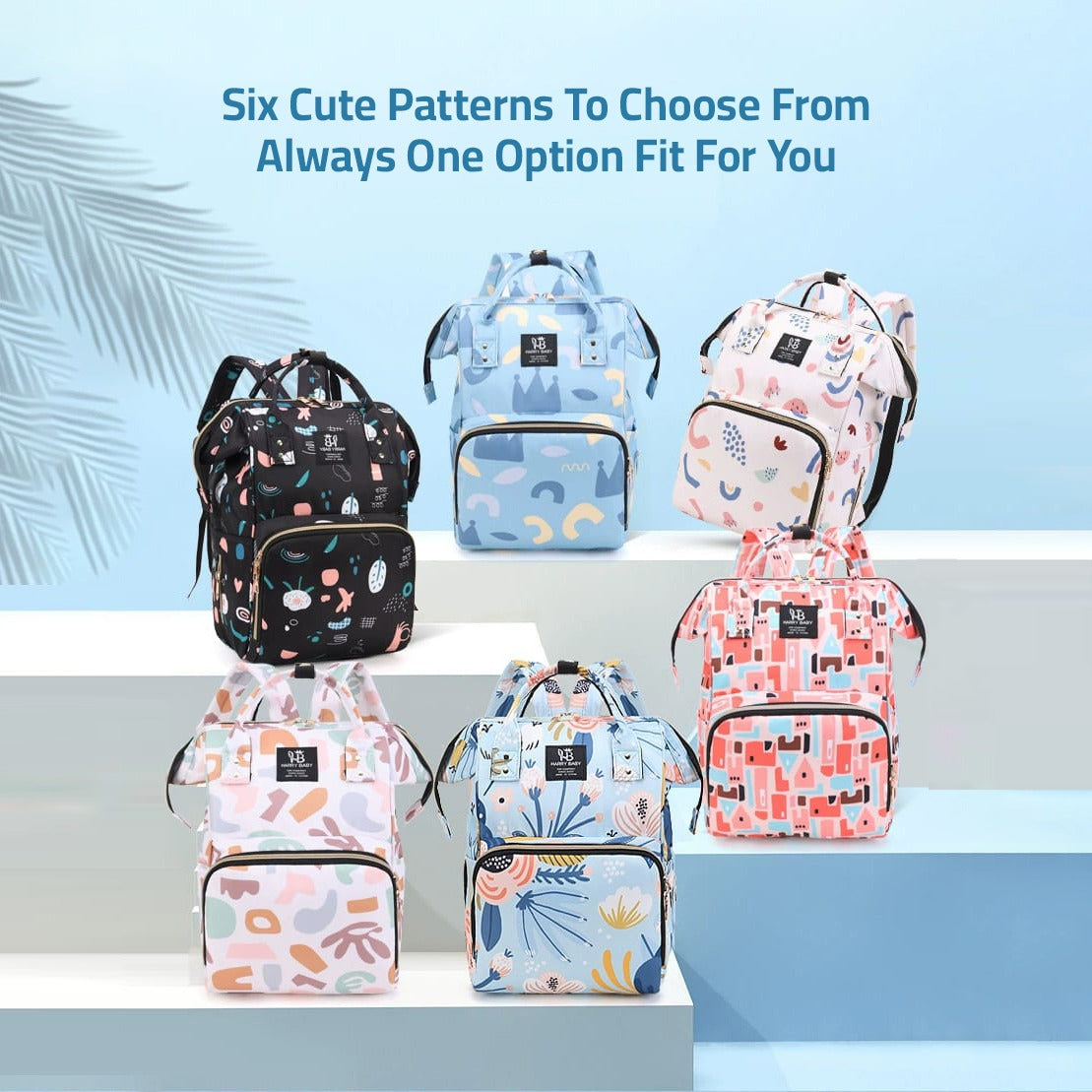 Showcasing Mother Backpack Bag with its 6 patterns of color designs 
