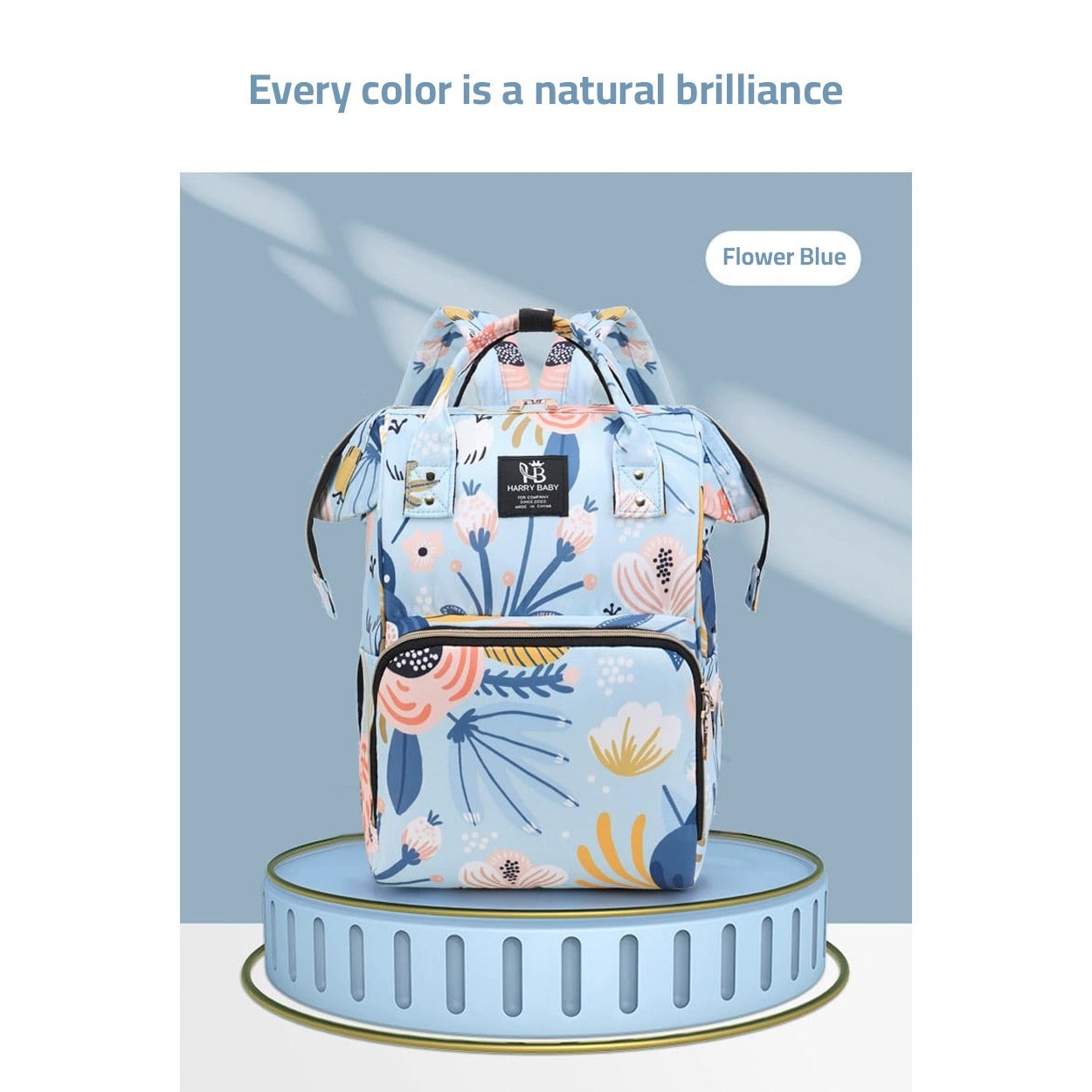 Showcasing Mother Backpack Bag in Flower Blue color 
