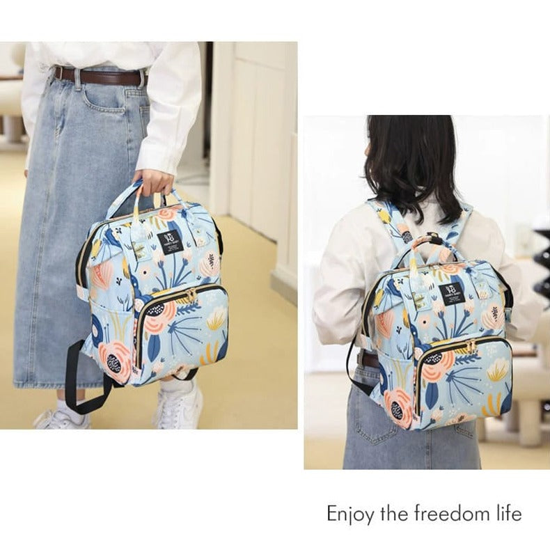 The collage image displays a woman carrying Mother Backpack Bag in hand and on other side on the shoulder 
