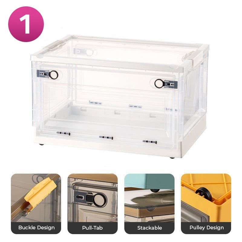 A stack of foldable plastic storage boxes with latching lids with features