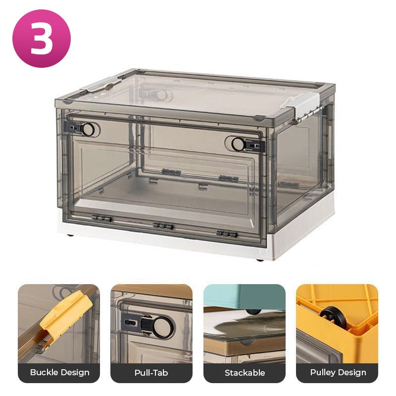 Foldable Plastic Storage Boxes with Latching Lids & Wheels, Clear Storage Stackable Container Bins Foldable Plastic Storage Boxes with Latching Lids & Wheels, Clear Storage Stackable Container Bins