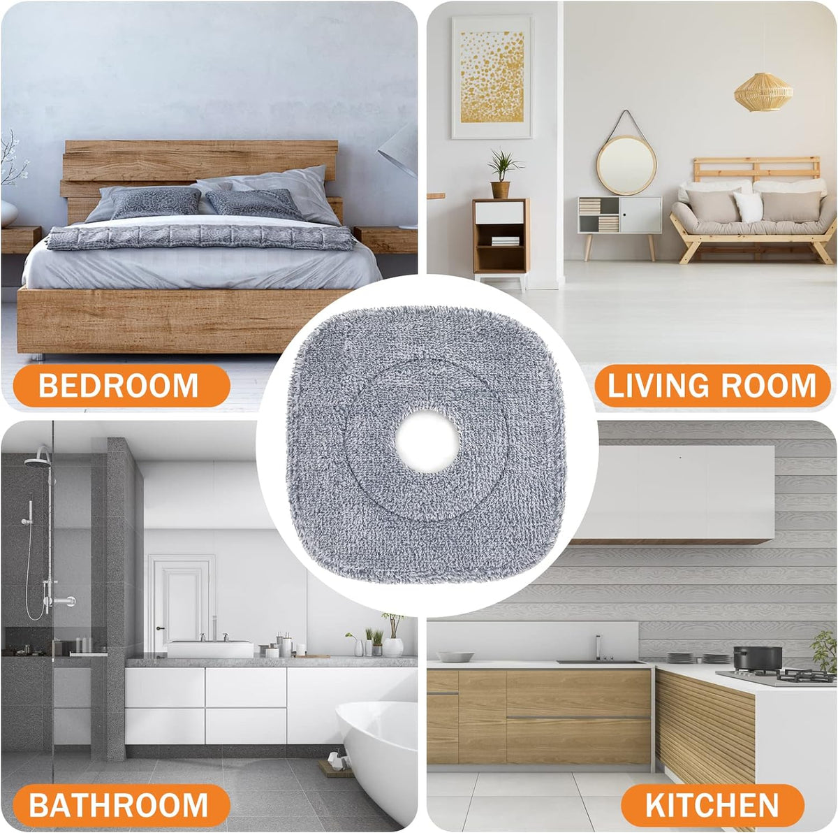 Collage image showcasing the Pad of Spin Mop by displaying the suitable areas of house where it can be used 