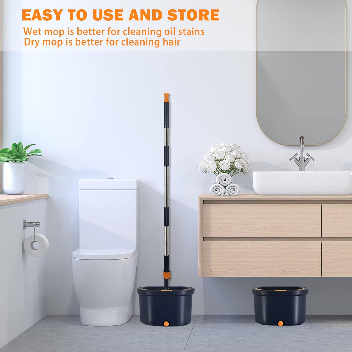 1 set of Spin Mop and Bucket placed next to a toilet closet and 1 Bucket alone placed under wash basin  