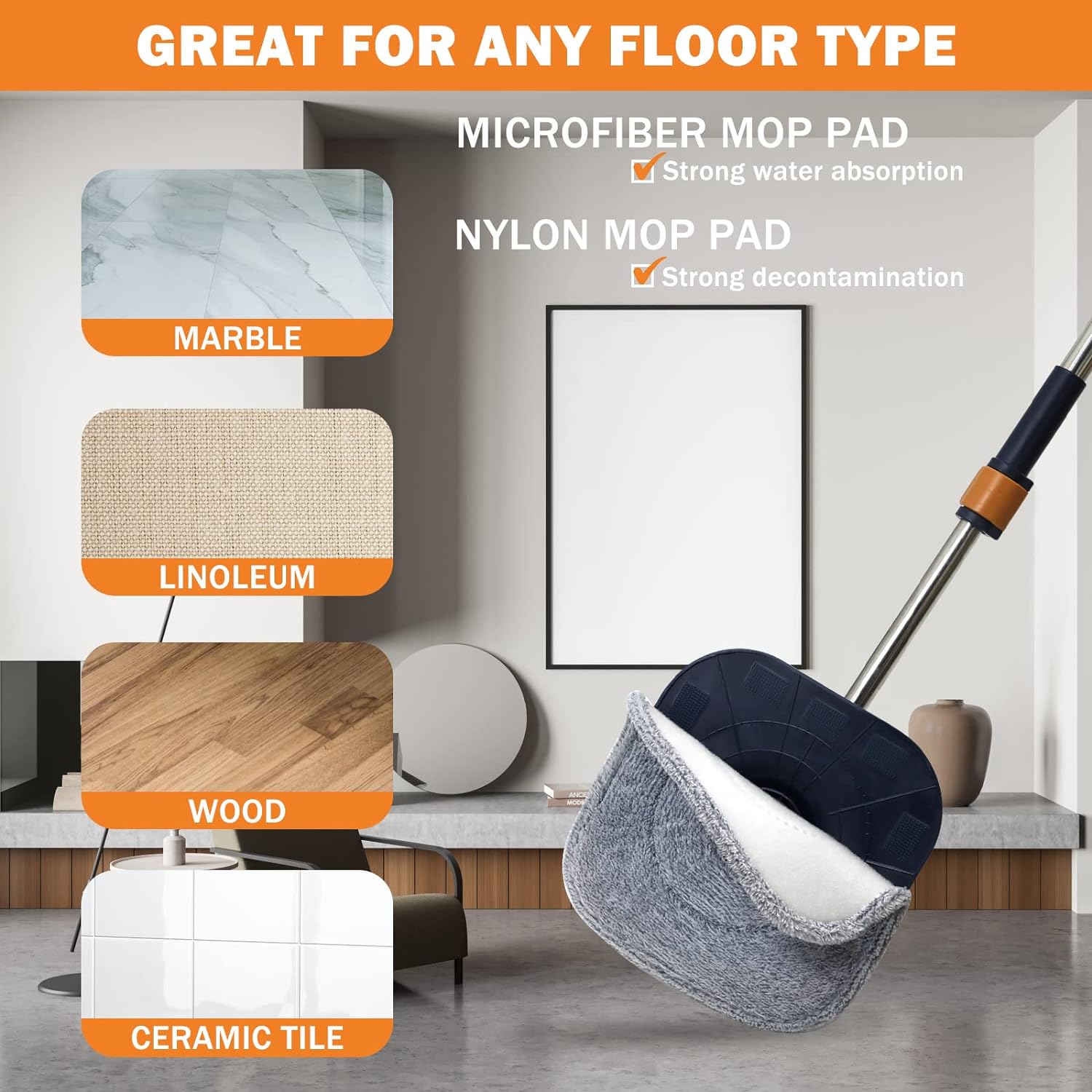 Image explaining pad of Spin Mop suitable for any floor type