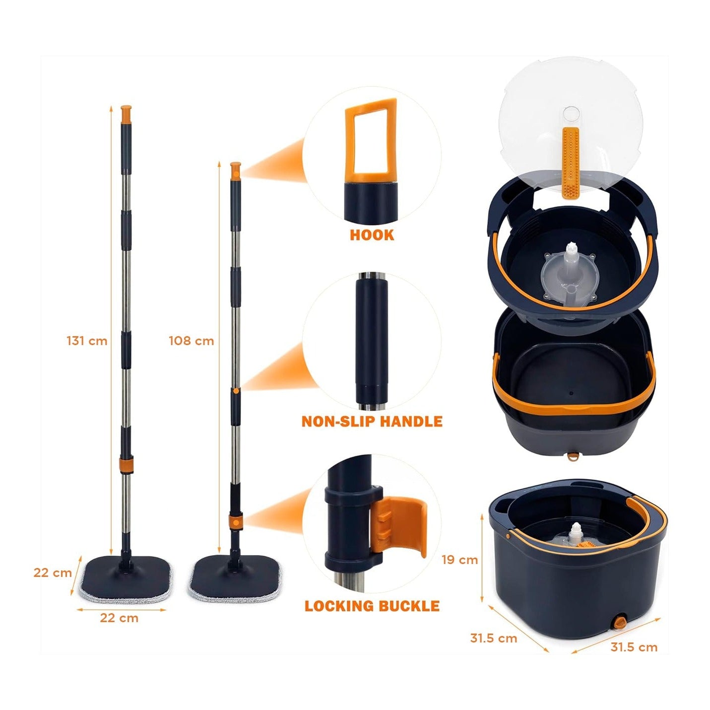 Showcasing Spin Mop and Bucket with its parts separately by mentioning its size and parts name