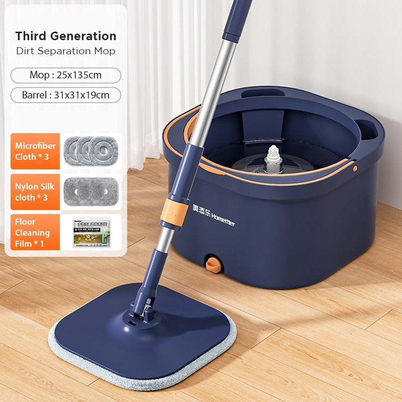 Showcasing Blue color Spin Mop and Bucket which is placed on a wooden floor by mentioning its features 