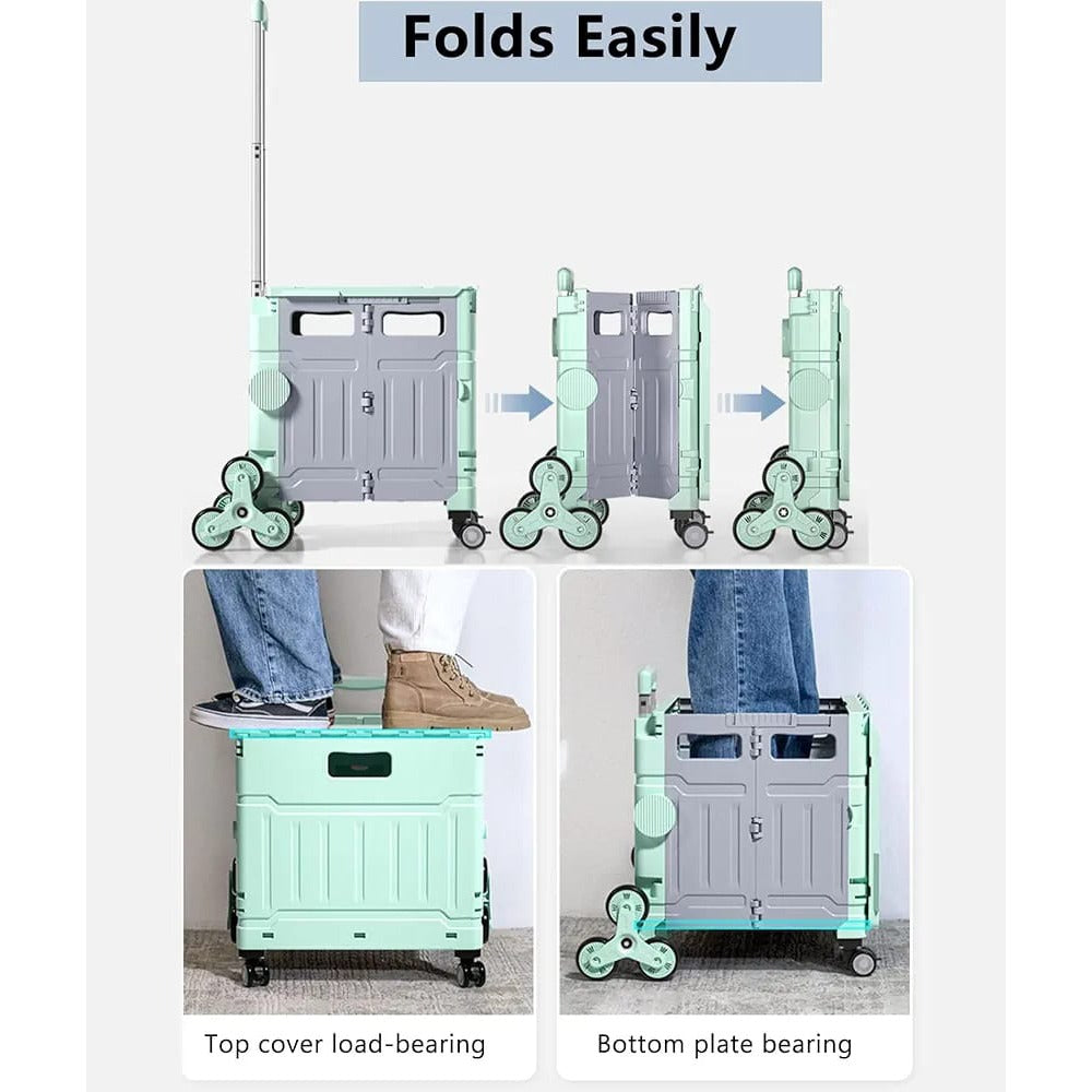 Collage image displaying the foldable feature and the weight capacity of Folding Shopping Cart