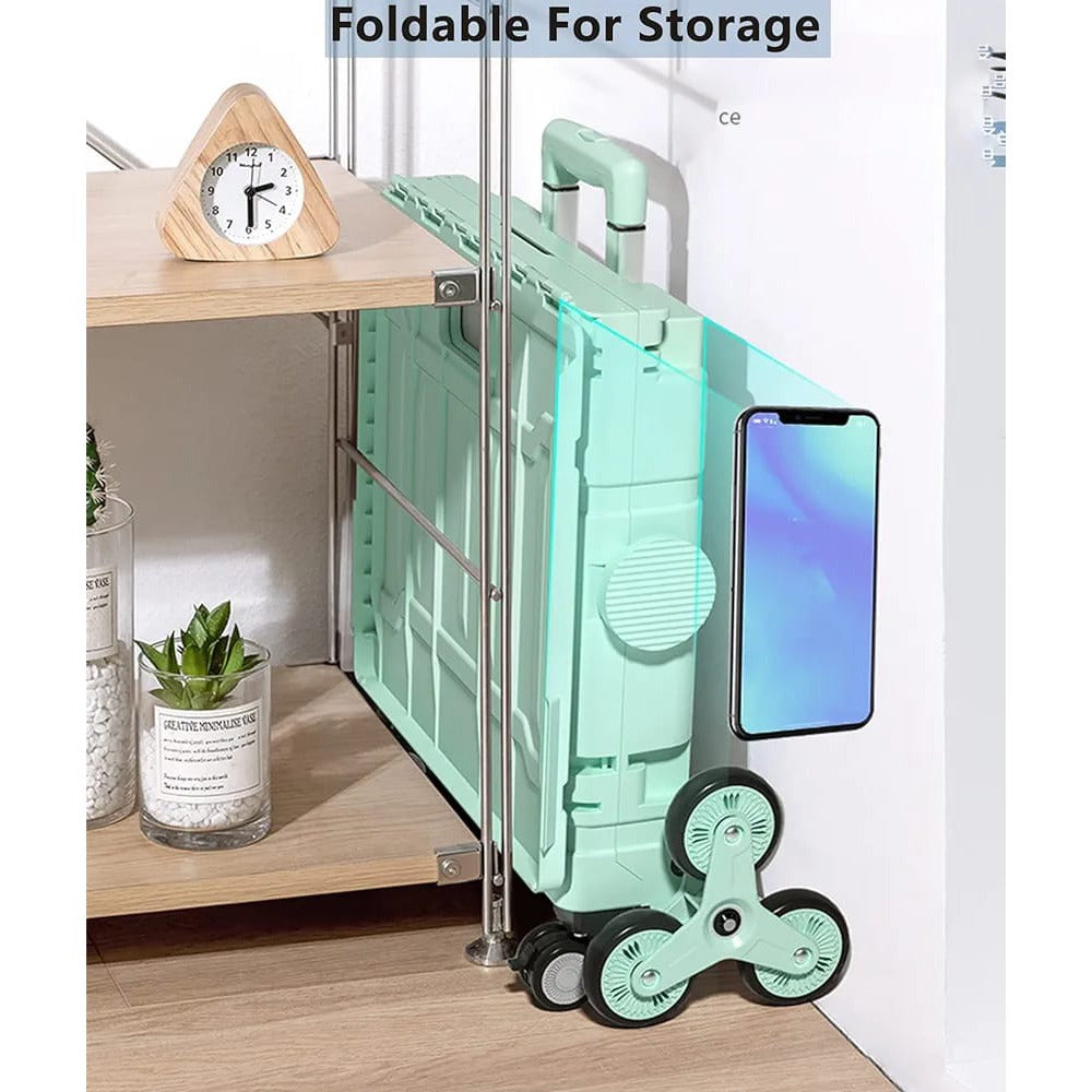 A Folding Shopping Cart folded and placed in a narrow space 