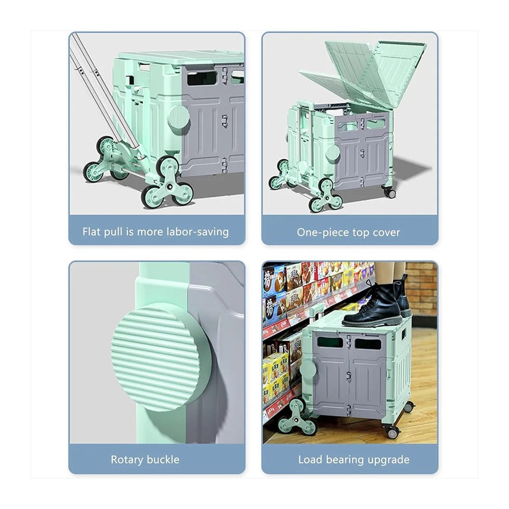 Collage image displaying the features of Folding Shopping Cart